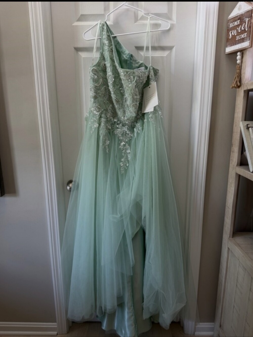 Embellished Sage Mint Lt. Blue Green Tulle Evening Dress - Picture 2 of 16